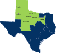 A map of the state highlighting the Northern District of Texas