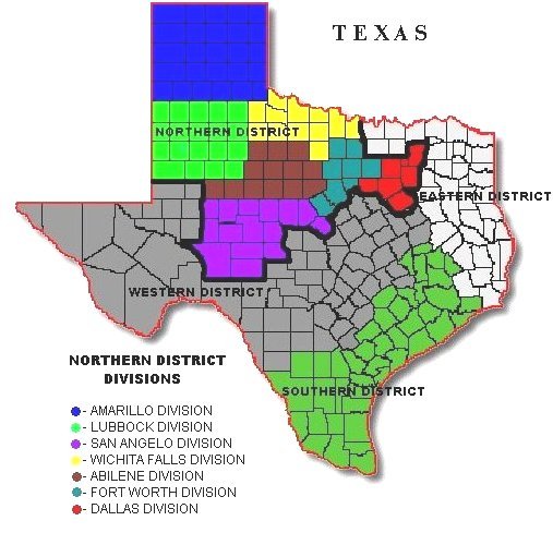Image of state of Texas.  Each of the seven divisions within the Northern District of Texas are represented by a different color.  The Amarillo Division is blue.  The Lubbock Division is Green.  The San Angelo Division is violet.  The Wichita Falls Division is yello.  The Fort Worth Division is turquoise.  The Dallas Division is red.