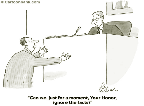 Cartoon of man talking to judge. Caption - Can we, just for a moment, Your Honor, ignore the facts?  Copyright Cartoonbank.com