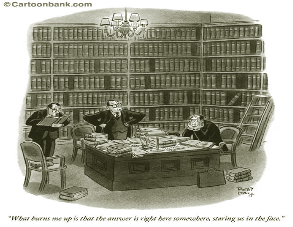 Cartoon of 3 men in library full of books, one talking, one looking in a book, one sitting with his hands on his face. Caption - What burns me up is that the answer is here somewhere, starring us in the face.  Copyright Cartoonbank.com