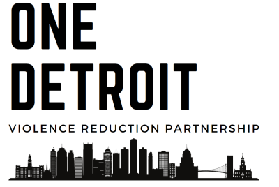 City skyline text displaying "One Detroit Violence Reduction Partnership"