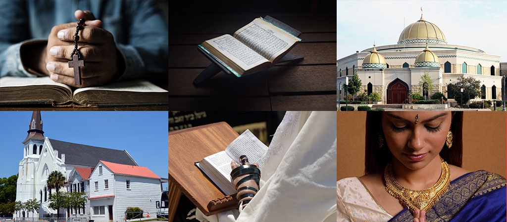 A collage image (from left): 1) a person holding a cross, 2) an image of a religious text, 3) a mosque, 4) a place of worship, 5) a person reading a religious text, and 6) a woman prays