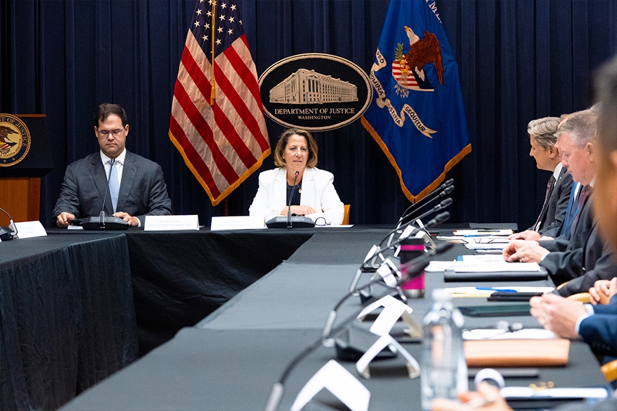 Deputy Attorney General Lisa O. Monaco leads with opening remarks at a roundtable meeting of senior Justice Department officials in the Department of Justice in Washington, D.C.