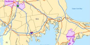 Map of southeast Massachusetts noting regions where Interior took parcels of land into trust for the Mashpee Wampanoag Tribe. Source: Department of the Interior, Administrative Record.