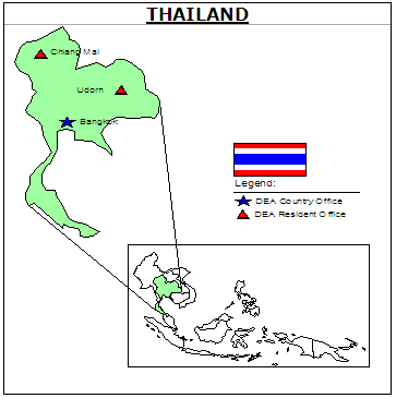 Map of Thailand with inset showing DEA Country Office in Bangkok and DEA Resident Offices in Chiang Mai and Udorn.