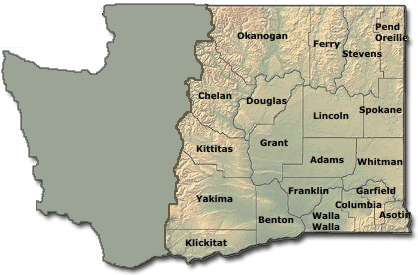 Washington State Map with the Counties of Eastern Washington