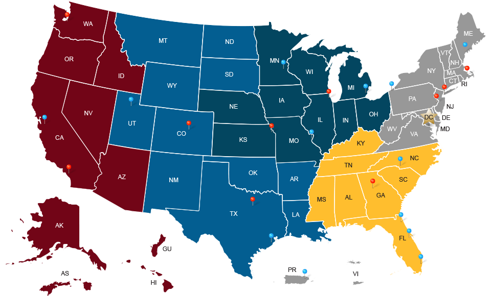 A U.S. map color coded to highlight each CRS region