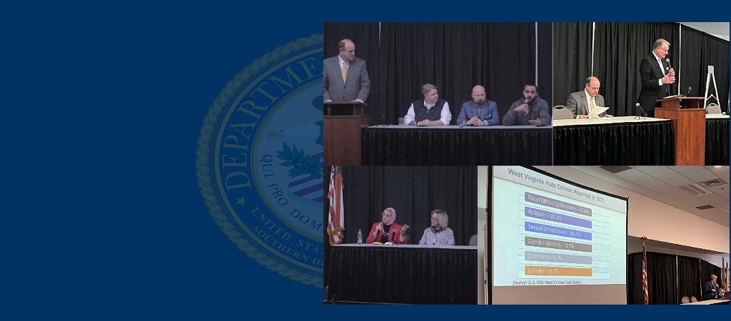 A collage of four photos depicting the panelists and other presenters during the United Against Hate Community Forum held at the Marshall Health Network Arena and Convention Center in Huntington, W.Va, on March 19, 2024.