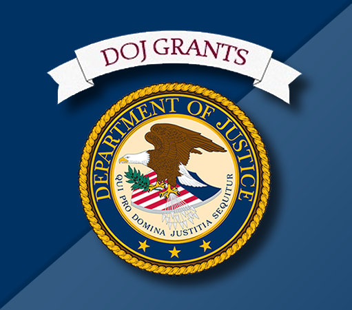 A graphic with the DOJ seal on a blue background and above it a ribbon that reads "DOJ Grants."