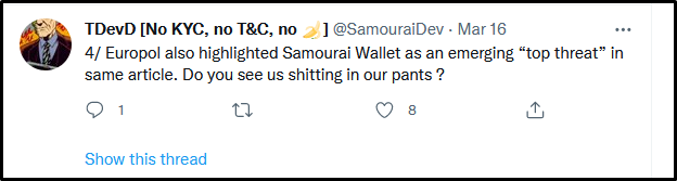 Image of a tweet from Hill “Europol also highlighted Samourai Wallet as an emerging ‘top threat’ in same article. Do you see us shitting in our pants?”