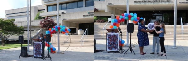 Pic 1: United States Attorney Sandra Hairston stands at a podium in front of a courthouse to give a speech at a National Crime Victims’ Rights Week Ceremony. Pic 2: Three women release butterflies to honor victims of crime in front of a courthouse to give a speech at a National Crime Victims’ Rights Week Ceremony.