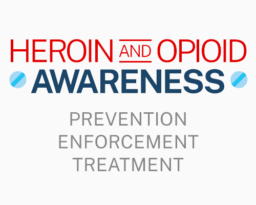 Heroin and Opioid Awareness: Prevention, Enforcement, Treatment text and logo 