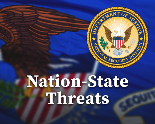 Nation-State Threats text and DOJ National Security Division seal with DOJ flag in background