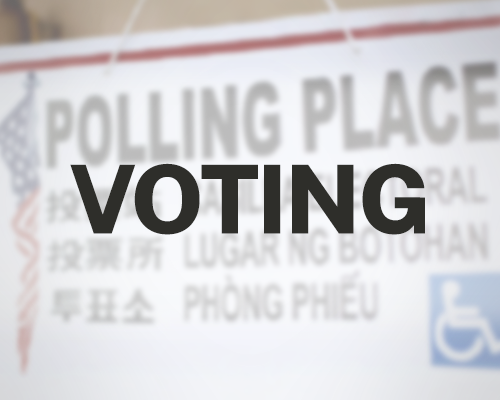 Voting text with polling place sign in multiple languages in background
