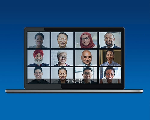 A group of diverse people having a virtual conference. 