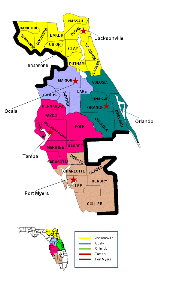 Middle District of Florida map by counties with five offices starred at locations