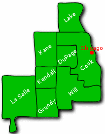 A map of Illinois counties covered by the Chicago office.  Counties include Lake, Kane, DuPage, Cook, Kendall, Will, La Salle and Grunde