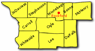 A map of Illinois counties covered by the Rockford office.  Counties include JoDaviess, Stephenson, Winnebago, Boone, McHenry, Carroll, Ogle, DeKalb, Whiteside and Lee